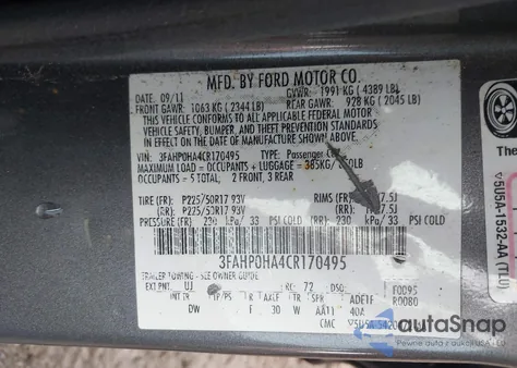 2012 Ford Fusion Se z USA, uszkodzony, nr VIN 3FAHP0HA4CR170495